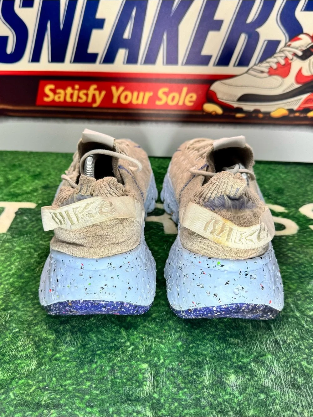 Nike Space Hippie 04 Light Tan Knit Sneakers with Blue Accents